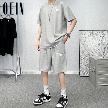 Kore Moda yaz giysileri Erkekler 2 Parça Katı Set Gevşek Kıyafetler Erkek şort takımı Erkek Rahat Eşofman Giyim 2022 Streetwear