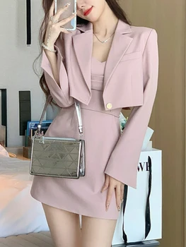 Kore Tarzı İki Parçalı elbise Seti Kadınlar Zarif Blazer Ceket + kemerli elbise Seti Kadın Rahat Fransa Vintage Elbise Takım Elbise 2023 Yeni