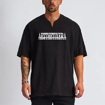 Koşu Spor Giyim Pamuk V Yaka Spor Erkek Büyük Boy Gevşek Yarım Kollu T Gömlek Hip Hop Streetwear Vücut Geliştirme T-shirt