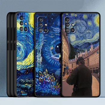 Kılıf Kapak için Samsung Galaxy A12 A13 A11 A51 4G A52 5G A22 A21s A71 A32 A72 A91 Siyah Kabuk Yıldızlı Gece Van Gogh Boyama