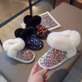 Kış Bebek Kar Botları Toddlers Kızlar Kürk Ayakkabı 1-9y Çocuk Moda Sıcak Patik Bling Peluş Flats Çocuklar Açık