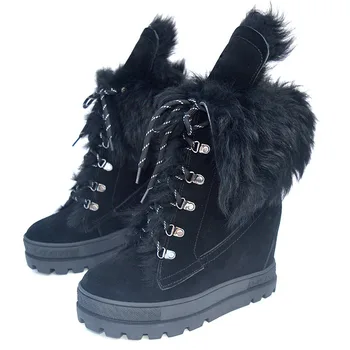 Kış Sıcak Siyah Süet Yün Kürk Kadın Lace Up rahat ayakkabılar Kalın Taban Bayanlar Artan Topuk Ayakkabı Kürk Kar Bottines