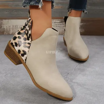 Leopar Kış Seksi Kadın yarım çizmeler Sonbahar PU Kadın Kısa Zip Chelsea Çizmeler Retro 2023 Yuvarlak Ayak Kare Topuk Zapatos De Mujer