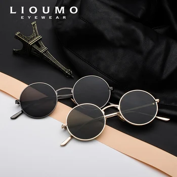 LIOUMO Retro Steampunk Güneş Gözlüğü Erkek Kadın Yuvarlak Vintage Gözlük Trendy Shades Altın Çerçeve UV400 Sürüş Gözlüğü gafas sol adam