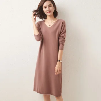 LONGMİNG 100 % Yün Kazak Elbise Kadın Sonbahar Kış Örme Uzun örme elbise Kadın Kazak Elbiseler Düz Maxi Elbise Kore