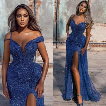 Lüks 2022 Mermaid Bölünmüş balo kıyafetleri Kraliyet Mavi Sparkly Boncuk Payetli Akşam Elbise resmi giysi Parti Törenlerinde