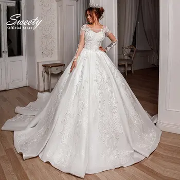 Lüks düğün elbisesi İşlemeli Dantel Net Prenses Balo Zarif O-Boyun Kolsuz gelinlik Lace Up Vestido De No
