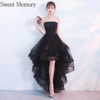 M0118 Yaz Kadın Yüksek Düşük Siyah Gelinlik Modelleri Lady Kolsuz Organze Aplikler Lace Up Düğün Parti Elbise