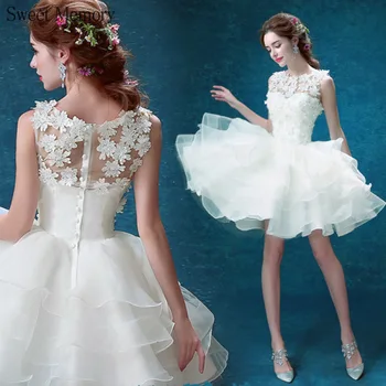 M150 Beyaz Dantel Kısa düğün elbisesi Kadınlar Katmanlı Aplikler Boncuk Akşam Yemeği Balo 2022 Nedime Kardeş Grubu Parti Elbise