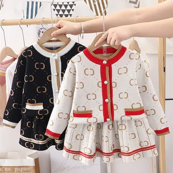 Marka Kış Toddler Kız Örme Hırka + Etek 2 Adet Takım Elbise Setleri Bebek Sonbahar Kız Moda Baskılı Kazak Çocuk Giysileri 1-8 Y