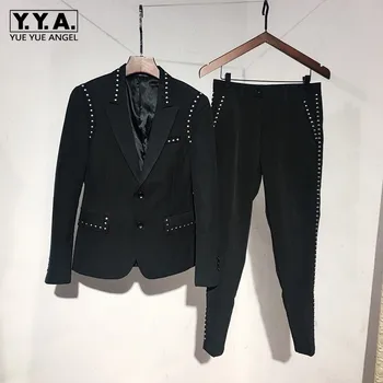 Marka Takım Elbise Ceket Seti Erkekler İngiltere Tarzı Siyah Tek Göğüslü İnce Blazer ve Pantolon İki Parçalı Set Moda Gece Kulübü Perçin Ceket
