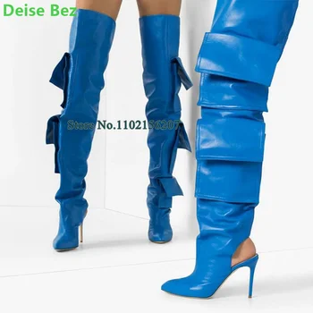Mavi Cep Tasarım Deri Ekleme Uzun Çizmeler Kadın Kadınlar İçin İnce Yüksek Topuk Sivri Burun Katı El Yapımı Moda Pist Ayakkabı