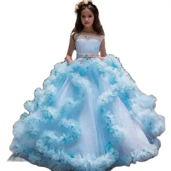 Mavi Ruffles Balo Çiçek Kız Elbise 2020 Aplikler Kristal Prenses Elbise Düğün Pageant Törenlerinde Vestidos De Fiesta