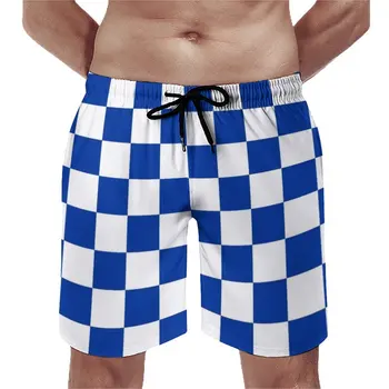 Mavi Ve Beyaz Dama Tahtası Kurulu Şort Vintage Checker Baskı plaj şortu İpli Desen Tasarım Yüzmek Mayo Artı Boyutu 3XL