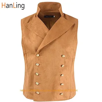 Men's Suede Vest Lapel Double-Breasted Steampunk Style Waistcoat жилет мужской