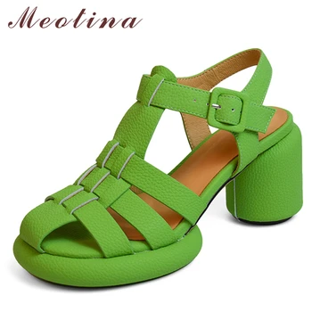 Meotina Ayakkabı Kadın Hakiki Deri Gladyatör Sandalet Platformu yüksek topuklu sandalet Kalın Topuklu Toka kadın ayakkabıları Yaz Yeşil
