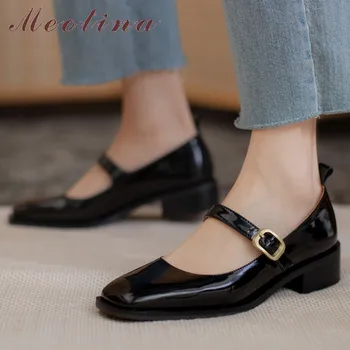 Meotina Kare Ayak Pompaları Kadın Hakiki Deri Orta Topuk Mary Janes Ayakkabı Toka Kayış Kalın Topuklu Ayakkabı kadın ayakkabıları Kahve