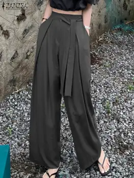 Moda Kadınlar Yüksek Bel Geniş Bacak Pantolon ZANZEA 2022 Sonbahar OL İş pantolonu Rahat Gevşek Uzun Pantalon Katı Palazzo Streetwear