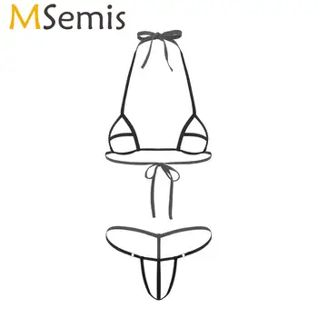 MSemis Bayan Seksi Erotik Bikini iç çamaşırı seti Halter Boyun Açık Meme Sutyen Üst Açık Popo İç Çamaşırı Mikro G-String Külot Mayo