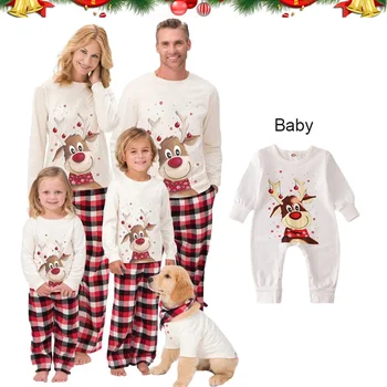 Noel Aile Eşleştirme Pijama Seti Sevimli Geyik Yetişkin Çocuk Bebek Aile Eşleştirme Kıyafetler 2022 Noel Aile Pj's Köpek Giysileri Eşarp