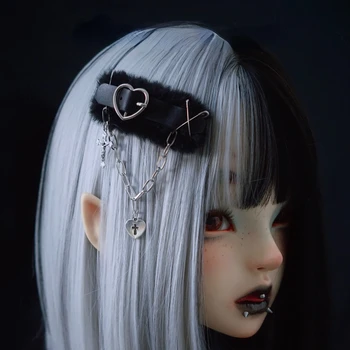 Orijinal El Yapımı Gotik Lolita Faux Kürk Şapkalar Kızlar Y2k Siyah Peluş BB Klip Metal Zincir Saç Tokası Kadın Headdress Aksesuarları