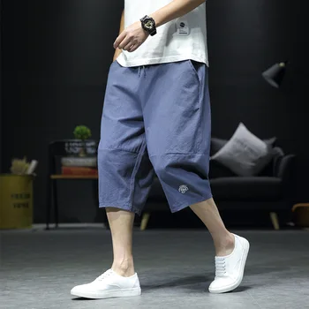 Pamuk Keten Kırpılmış Pantolon Erkek Şort Moda İpli Bahar Yaz Çin Tarzı Giyim MA457