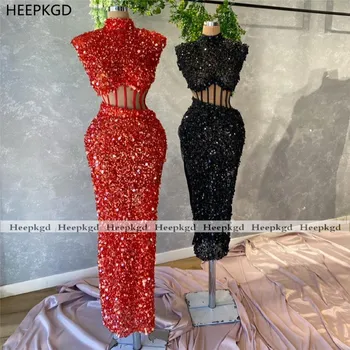 Parlak Kırmızı 2021 balo kıyafetleri Illusion Kılıf Yüksek Boyun Sequins Siyah Kızlar Mezuniyet Düğün Parti Balo Abiye Artı Boyutu
