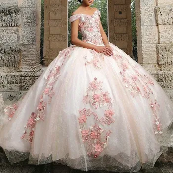 Pembe Güzel Balo Quinceanera Elbiseler 2022 Sevgiliye Kapalı Omuz Boncuk Çiçek Tatlı 15 16 Elbiseler Kızlar Doğum Günü Elbisesi