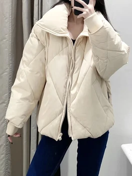 PUWD Rahat Kadınlar Parlak Kapitone Onay Pamuk Jacket2021Autumn Kış Streetwear Fermuar Sıcak Boy Parka Gevşek Kadın Dış Giyim