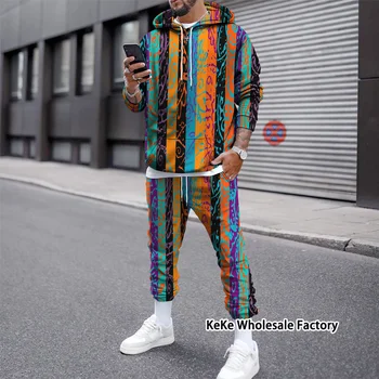 Renkli Çizgili 3D Baskılı Erkek Hoodie Pantolon Takım Elbise Erkekler & Kadınlar Casual Kazak Kazak Seti Harajuku Çift Spor Eşofman