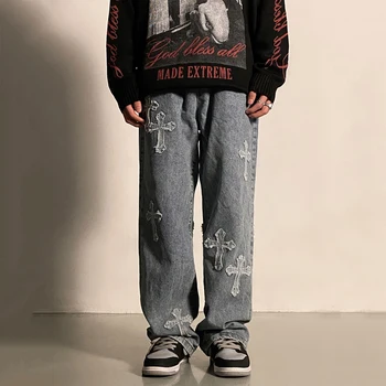 Retro Y2K ışlemeli erkek kot Avrupa ve Amerikan yüksek sokak çapraz hip hop gelgit marka düz gevşek pantolon ıns sıcak satış