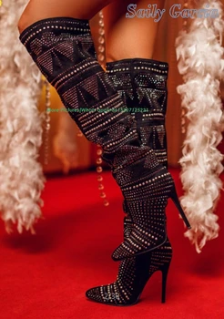 Rhinestone Seksi Kadın Çizmeler Yeni Varış Benzersiz Stiletto Topuk Pist Kış Diz Üzerinde Günlük Elbise Moda Podyum Ayakkabı