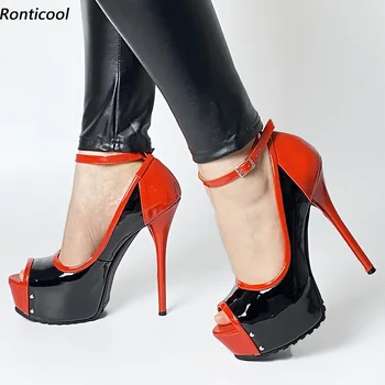 Rontıcool İtalyan Tarzı Kadın Platformu Pompaları Ayak Bileği Kayışı Çıtçıt Stiletto Topuklu Yuvarlak Ayak Güzel Gece Kulübü Ayakkabı ABD Artı Boyutu 35-52