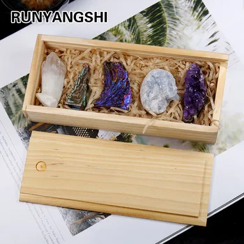 Runyangshi 5 adet / takım Doğal kristal küme Orijinal noktası mineraller ametist küme Toplamak woodenbox hediyeler için Ev dekorasyon