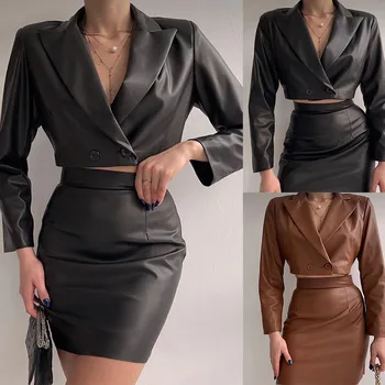 Seksi Deri 2 Parça Kadın Elbise Kruvaze Doruğa Yaka Üstleri Mini Etek Güç Custom Made Parti Resmi elbiseler
