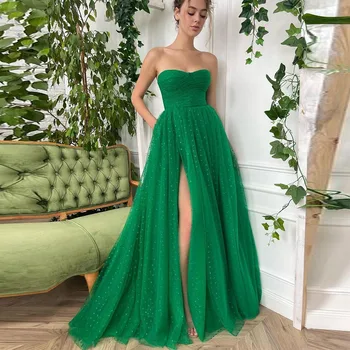 Sevintage Yeşil Glitter Doyurucu Tül balo kıyafetleri Straplez Yüksek Yan Bölünmüş A-Line Uzun Abiye giyim Düğün Parti Elbise 2022