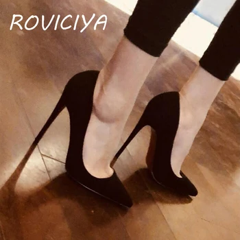 Siyah Süet Akın Kadın Pompaları Düğün Sivri Burun Seksi Yüksek Topuklu Ayakkabı 12 cm Stilettos Artı Boyutu RM007 ROVICIYA