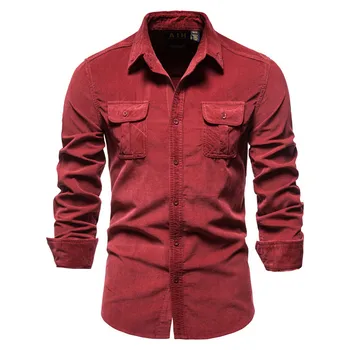 Sonbahar İnce Bluzlar Erkek Giyim 2022 Yeni Bahar Kalınlaşmak erkek gömleği Cep Düz Renk Kadife Erkek iş gömleği MY711