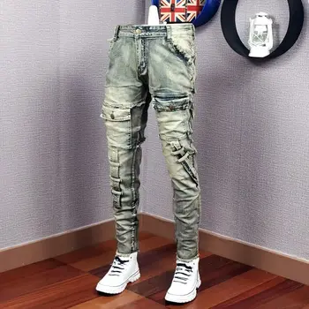 Sonbahar Kış 2022 Yeni Kırık Denim Jean erkek Yama İnce Ayak Moda Retro kargo pantolon Vintage Pantalon Sıska Homme Kot