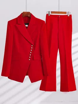 Sonbahar Kış Uzun Kollu Kadın Resmi takım elbise Kadın Bayanlar Kırmızı Siyah İş Elbisesi 2 Parça Set Blazer Ve Pantolon