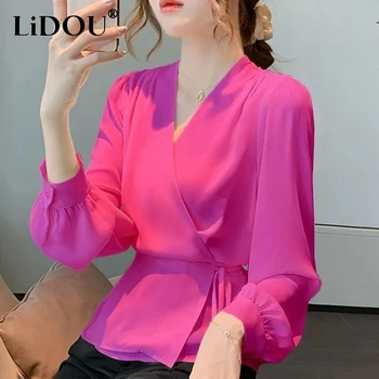 Sonbahar Kış Çapraz Dantel Up Kore Zarif Moda Bel Gömlek Kadın Y2K Rahat Üst Uzun Kollu Tüm Maç şifon bluz Femme