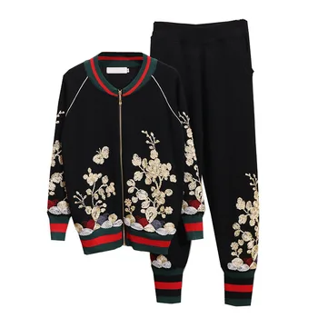 Sonbahar Yeni 2 Parça Set Kadın Moda Çiçek Nakış Uzun Kollu Örme Kazak + Rahat Pantolon Örgü Seti Kadın Hırka Tops
