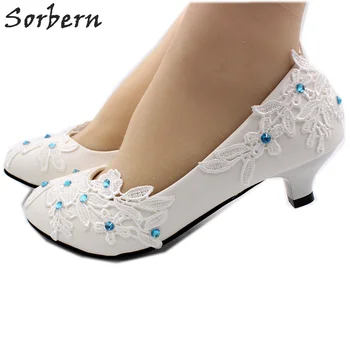 Sorbern Mavi Kristaller Dantel Çiçek Düğün Pompa Ayakkabı 3 Cm Düşük Topuk Düğün Ayakkabı Üzerinde Kayma İngiliz Topuk Ayakkabı Kadın 8 Düğün Pompa