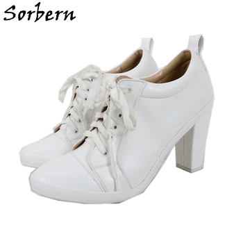 Sorbern Moda Beyaz Pompa Ayakkabı Kadın Lace Up Tıknaz Topuklu Blok Yüksek Topuk Ayakkabı Bayan Ayakkabı Yuvarlak Ayak Platformu Özel Renk