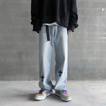 Streetwear Kore Moda Çapraz Aplike Kot Kadınlar İçin Y2k Düz dökümlü pantolon Çok Yönlü Harajuku erkek Kot Pantolon