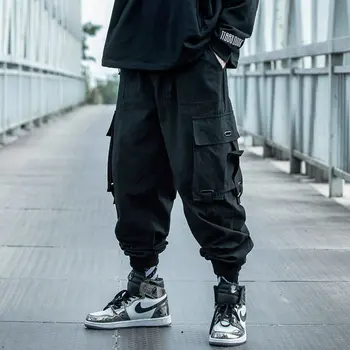 Streetwear Siyah kargo pantolon Erkek Artı Boyutu Hip Hop Yan Cep Rahat Sıcak Satış Gevşek Siyah Sweatpant 2023 Yeni Sıcak Satış