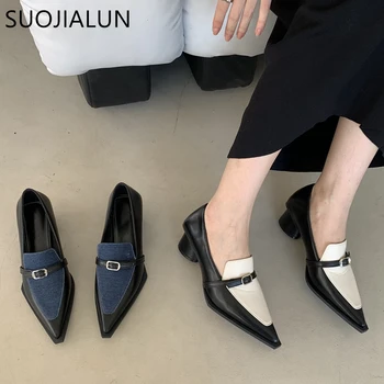 SUOJIALUN 2023 Bahar Yeni Sivri Burun Ayakkabı Pompaları Moda Düşük Yuvarlak Topuk Bayanlar Slingback Oxford Ayakkabı Üzerinde Kayma Rahat Ofis Ayakkabı