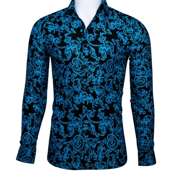 Sıcak Satış Lüks Mavi Gömlek Erkekler Slim Fit Uzun Kollu Geometrik Baskı Sosyal Erkekler Kulübü Balo Gömlek S-3XL Barry.Wang Tasarımcı