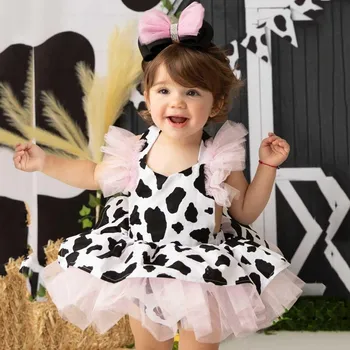 Toddler Bebek Kız Romper Elbise Bandı Setleri Bebek İnek Baskı Tül Elbise Yenidoğan Kolsuz Tutu Elbiseler saç bandı Kıyafetler