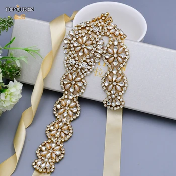 TOPQUEEN S161-G Düğün Altın Kemer İnci Taklidi Kemerler Elbiseler için Elmas aplike süsü Boncuk Dekorasyon Düğün Gelin için